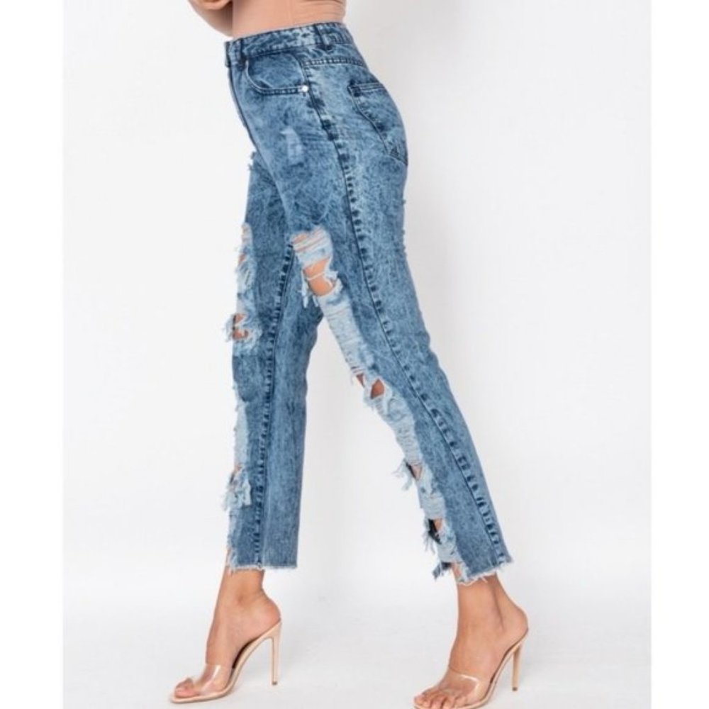 Blue Acid Wash High Waist Ripped Distressed Boyfriend Jeans Denim - Picture 4 of 9
